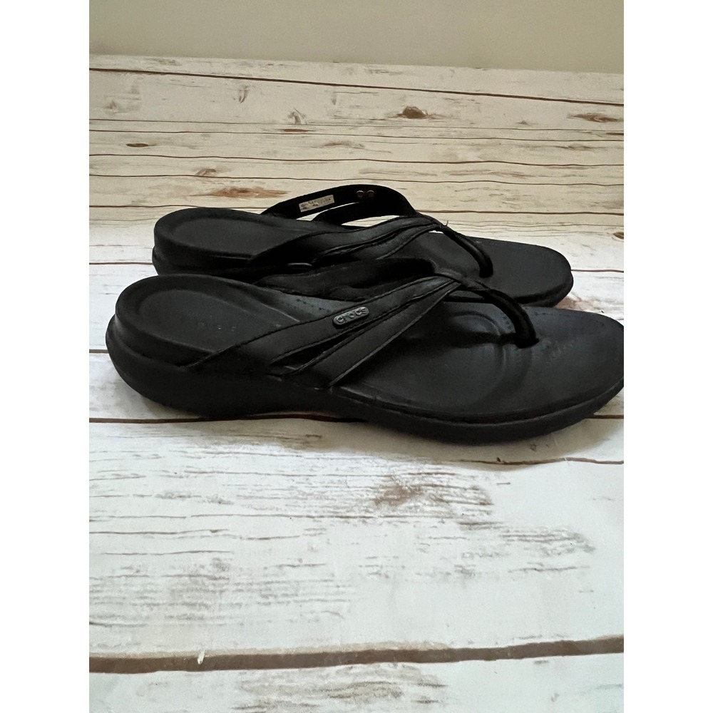 Crocs Sandals Black Leather Strap Contoured Footbed Flip Flop 10